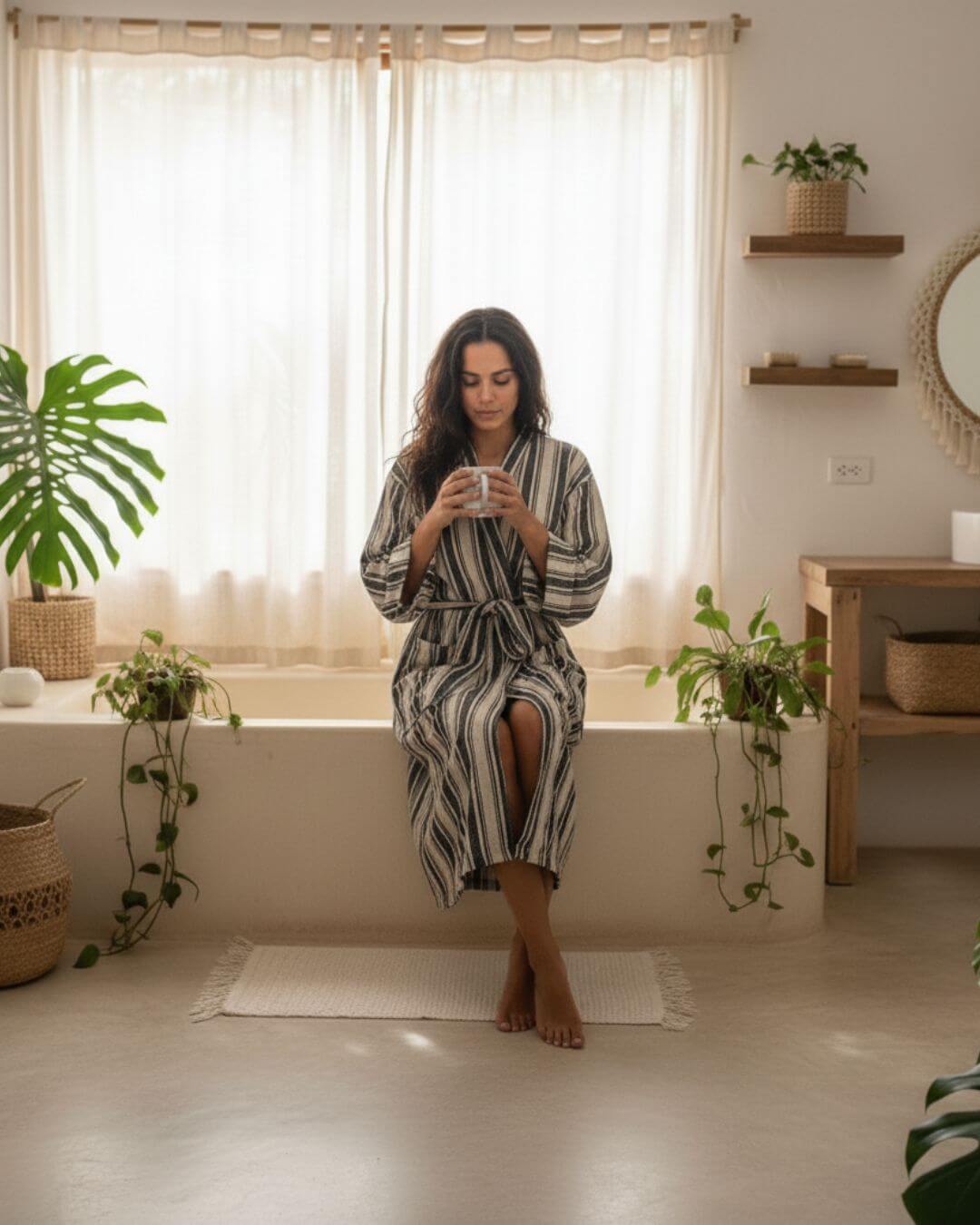 Cotton Linen Blend Kimono Unisex Bathrobe