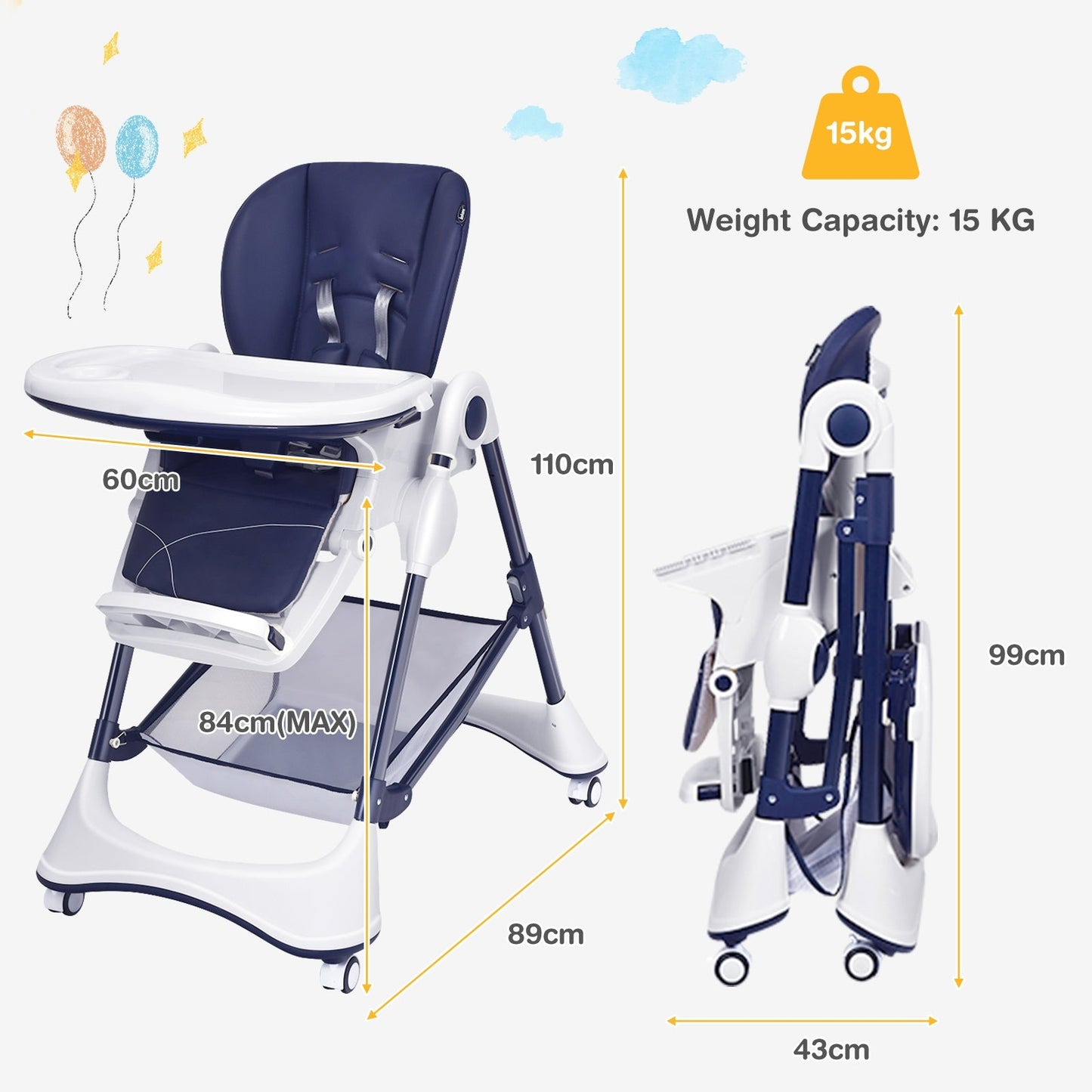 High Chair with Lockable Wheels