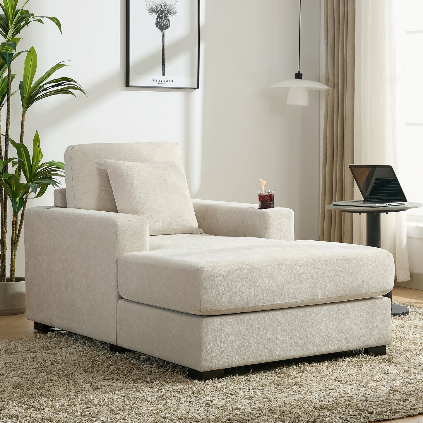 Oversized Chaise Lounge with Pillows, Charge Station & Cup Holders