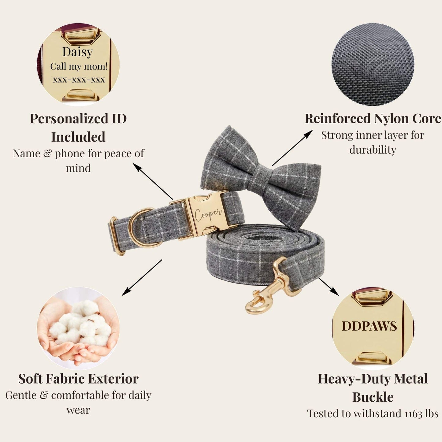 Gray Plaid Dog Harness Set