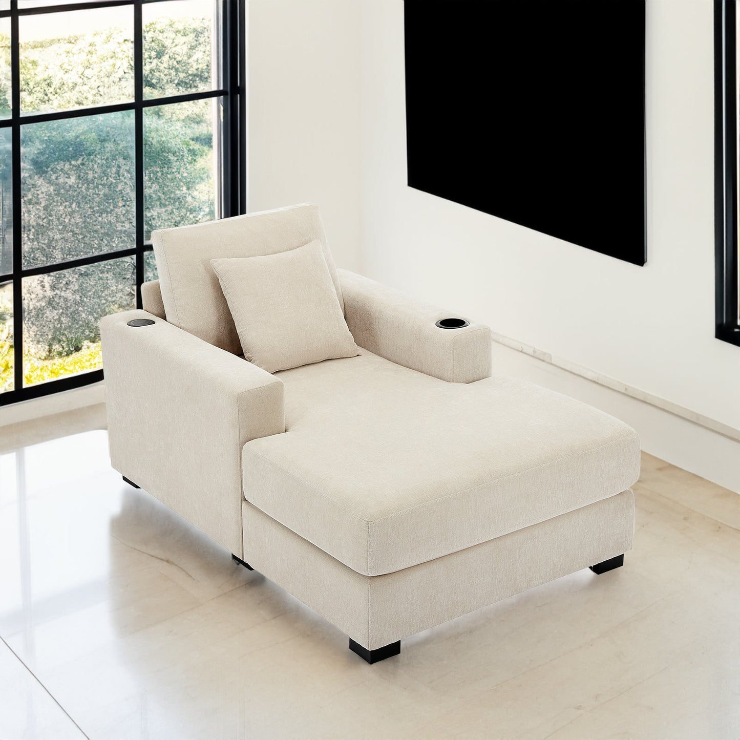 Oversized Chaise Lounge with Pillows, Charge Station & Cup Holders