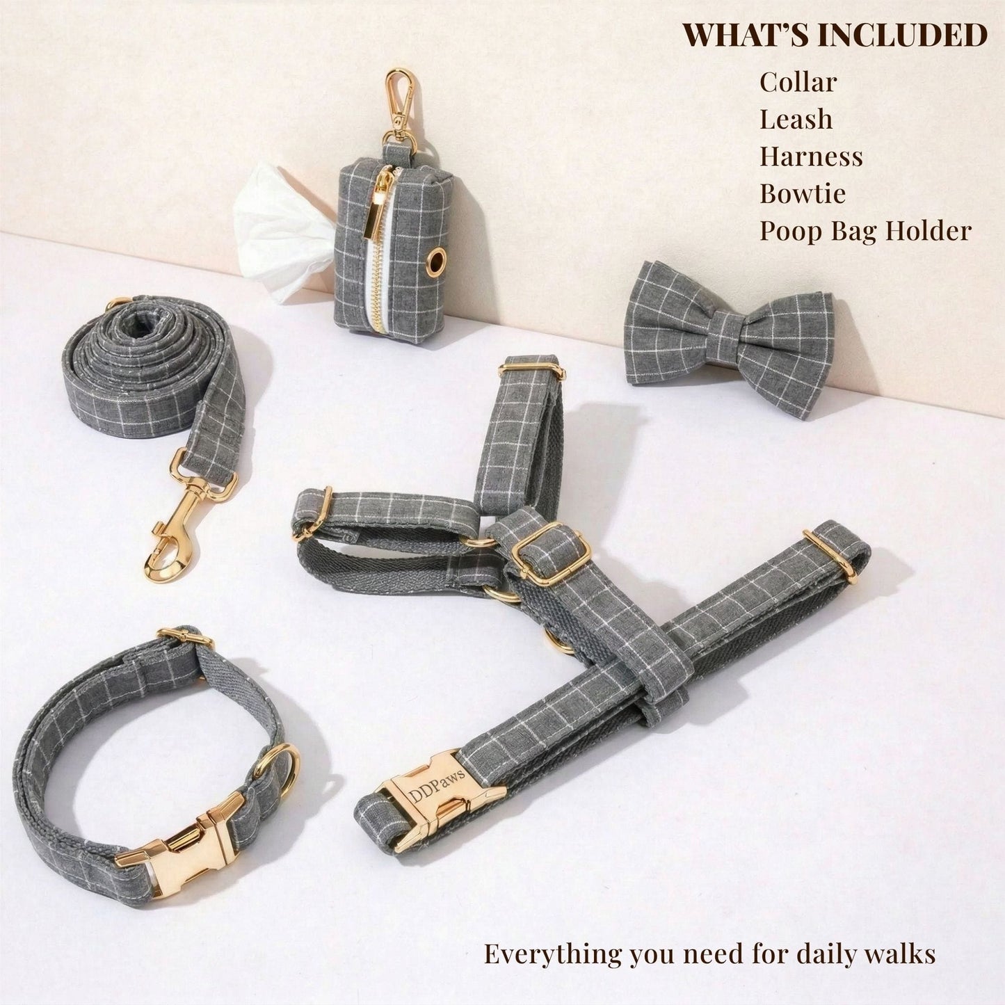 Gray Plaid Dog Harness Set