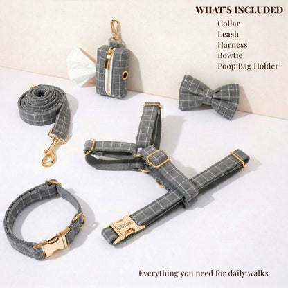 Gray Plaid Dog Harness Set