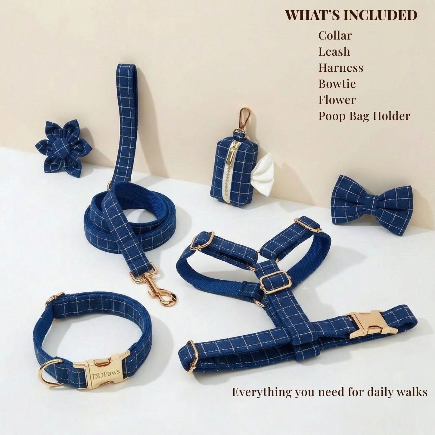 Plaid Dark Blue Dog Harness Set