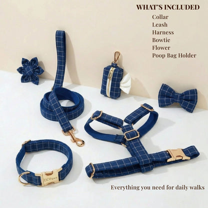Plaid Dark Blue Dog Harness Set