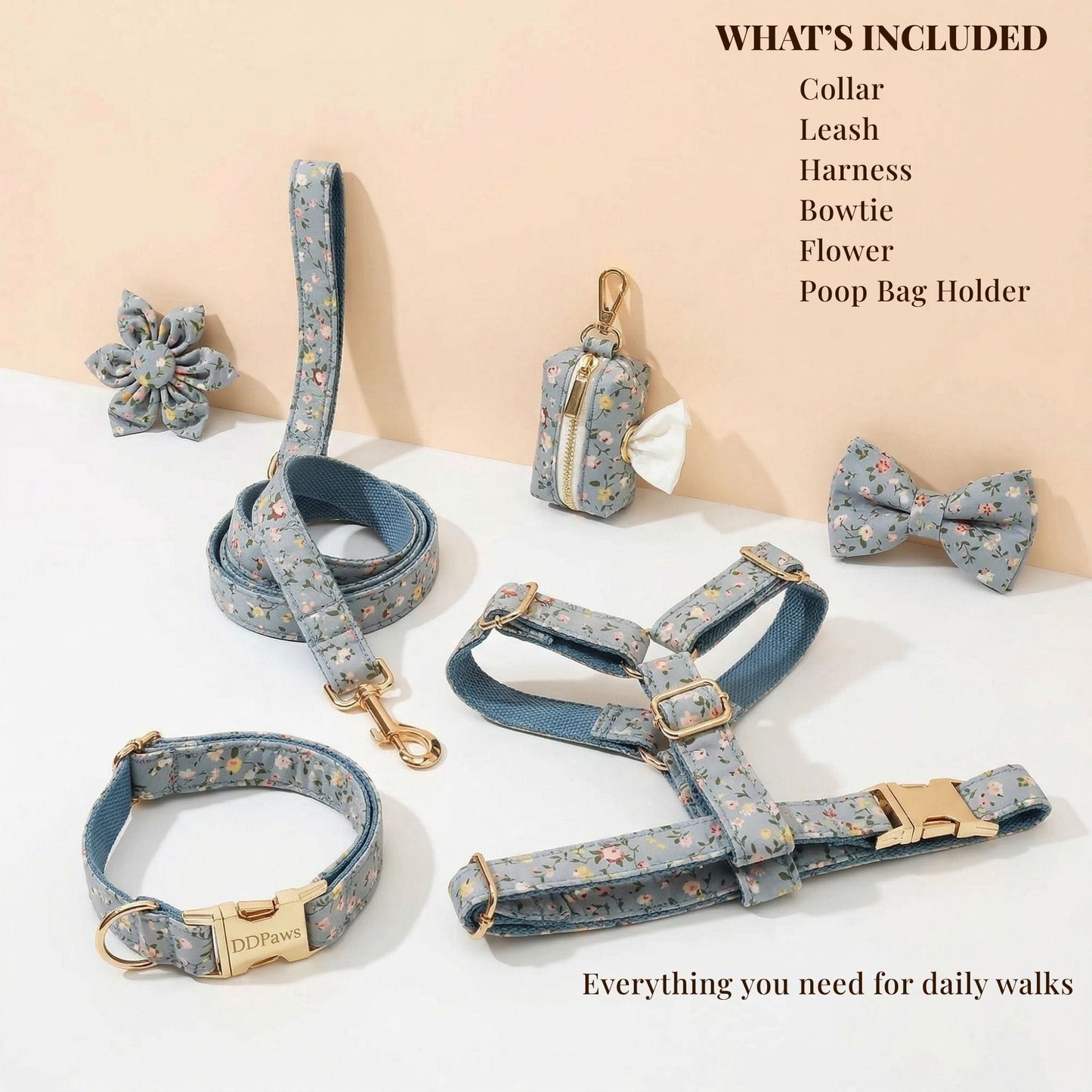 Dusty Blue Floral Dog Harness Set
