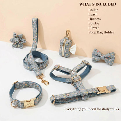 Dusty Blue Floral Dog Harness Set