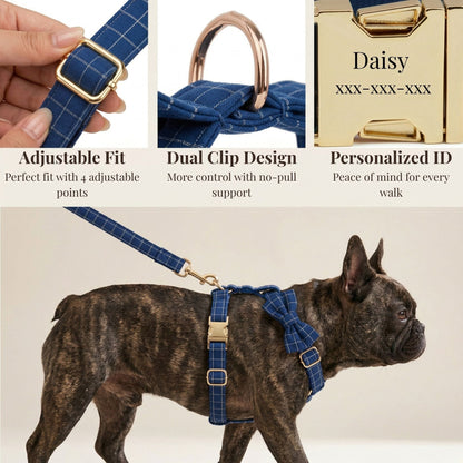 Plaid Dark Blue Dog Harness Set
