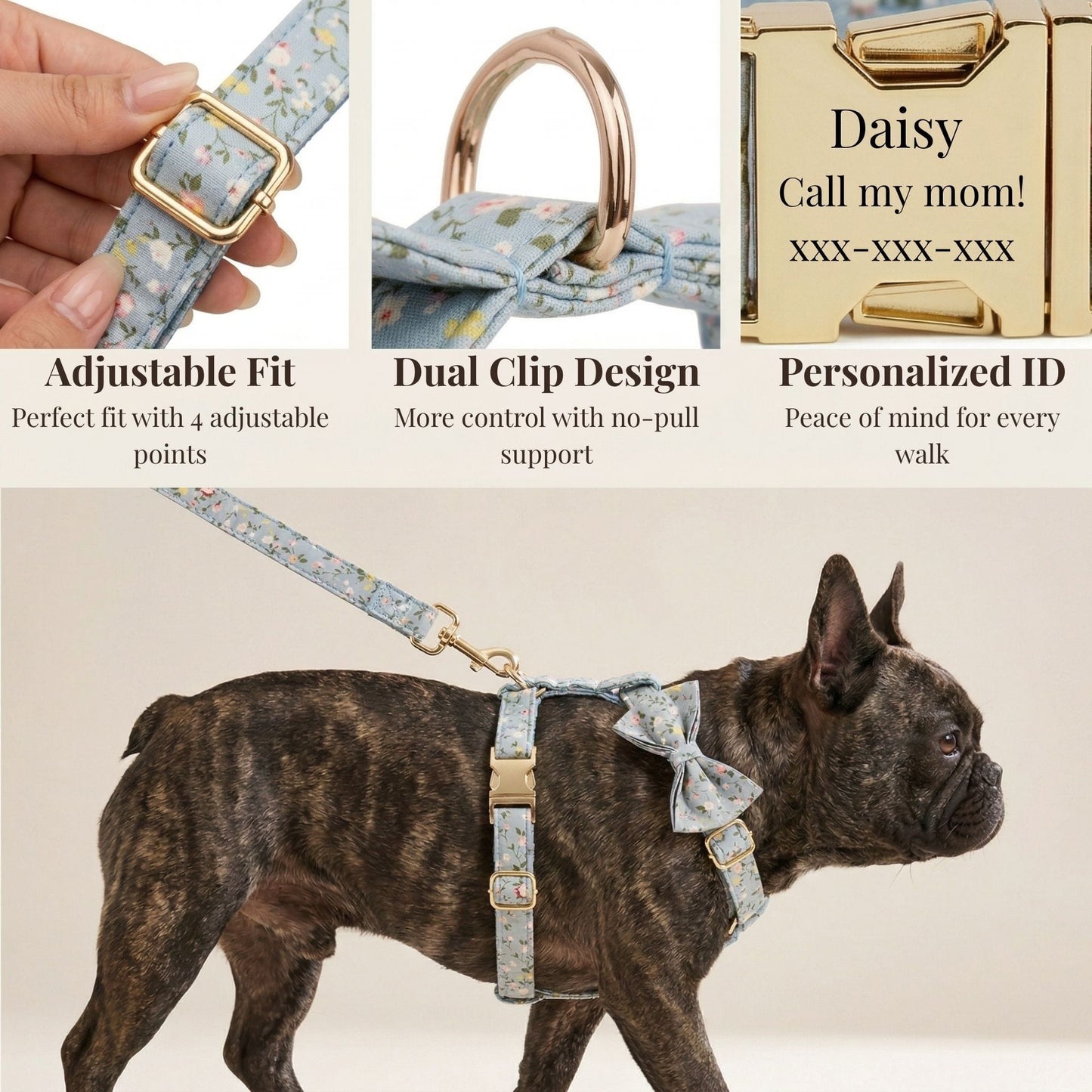 Dusty Blue Floral Dog Harness Set