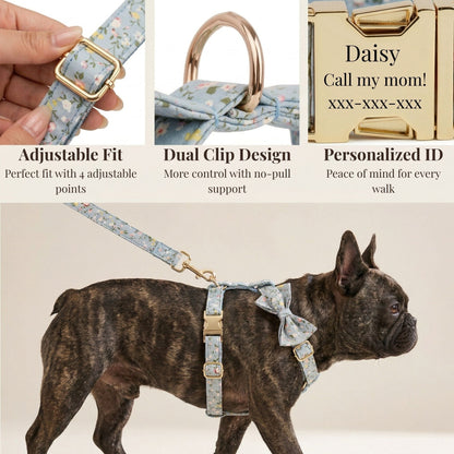 Dusty Blue Floral Dog Harness Set