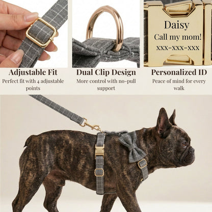 Gray Plaid Dog Harness Set