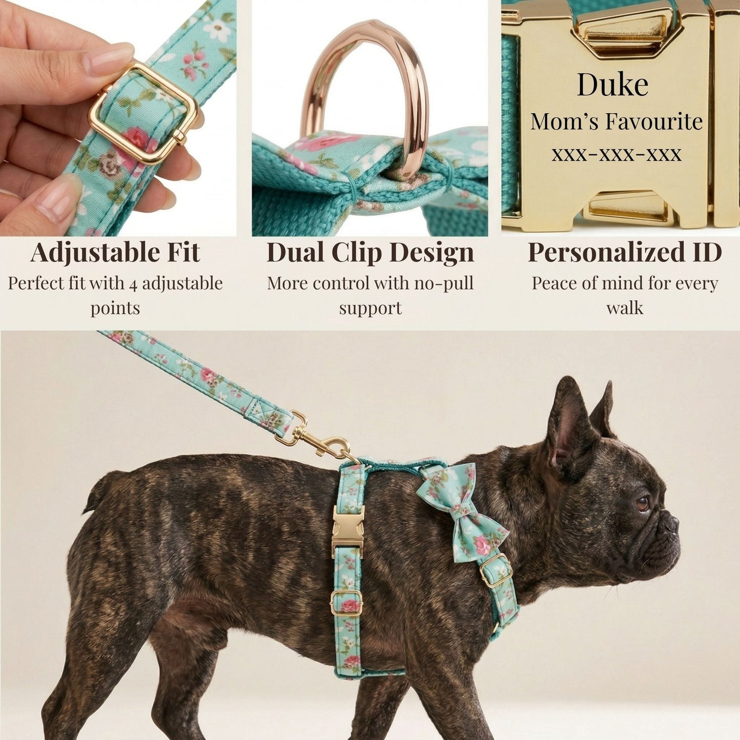Blue Blossom Floral Dog Harness Set