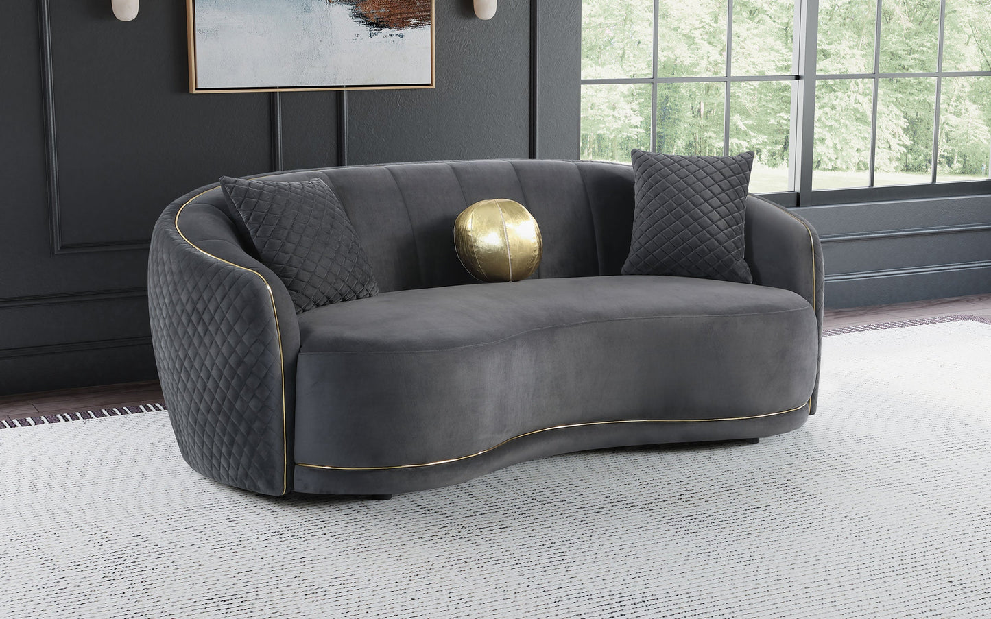 Velvet Upholstered Curved Sofa - Dark Grey