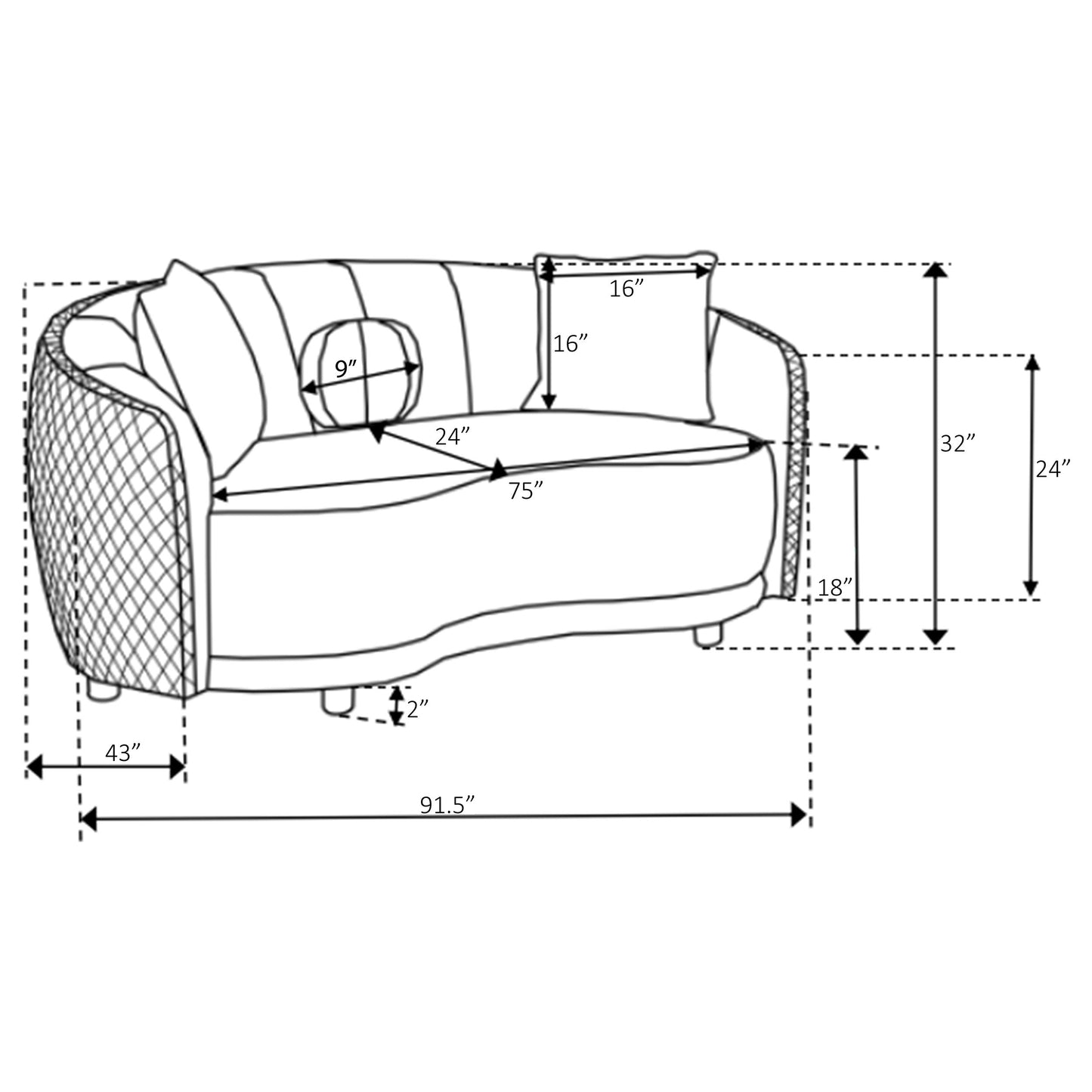 Velvet Upholstered Curved Sofa - Dark Grey