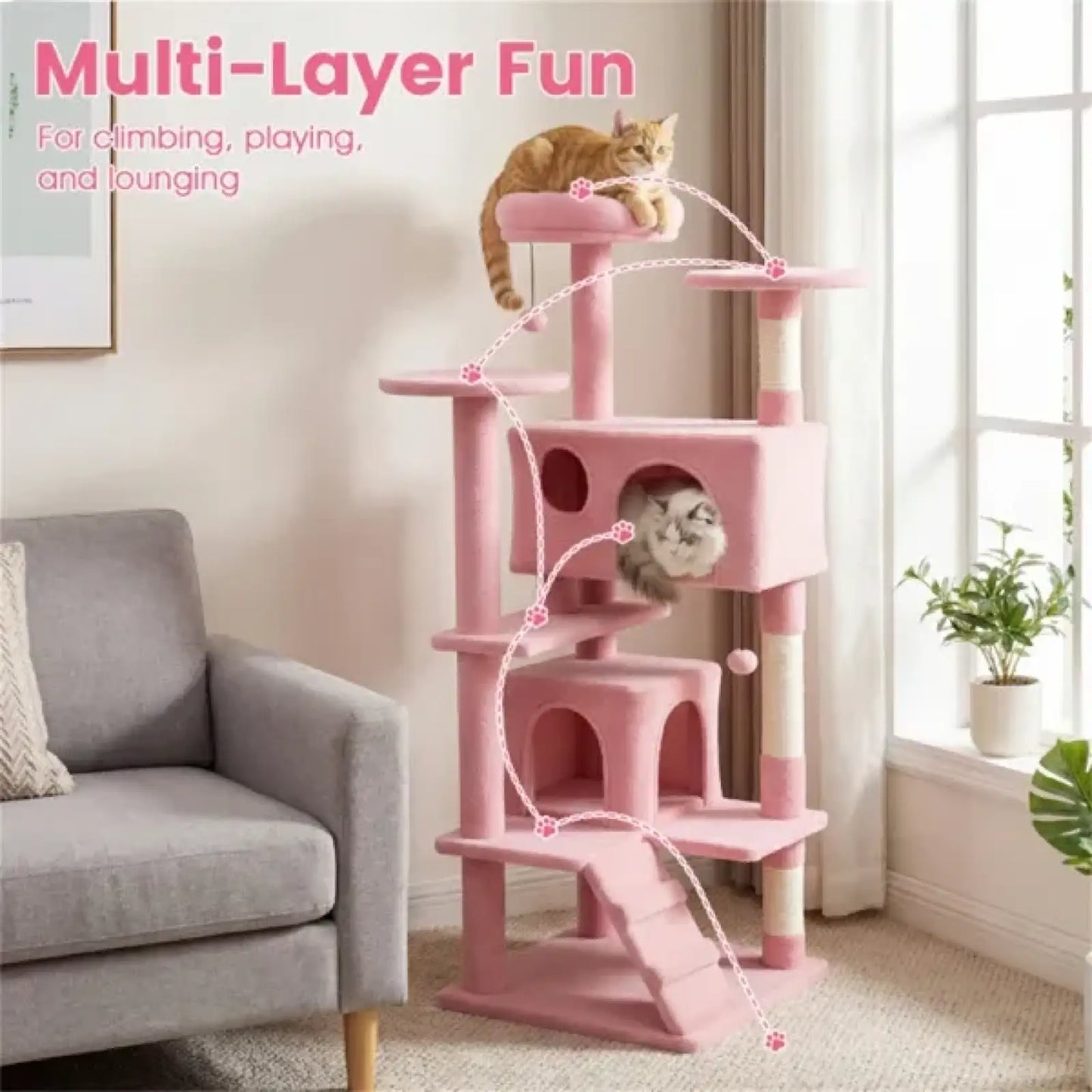 Pink Cat Tree Tower with Condos & Perches - 52 Inch