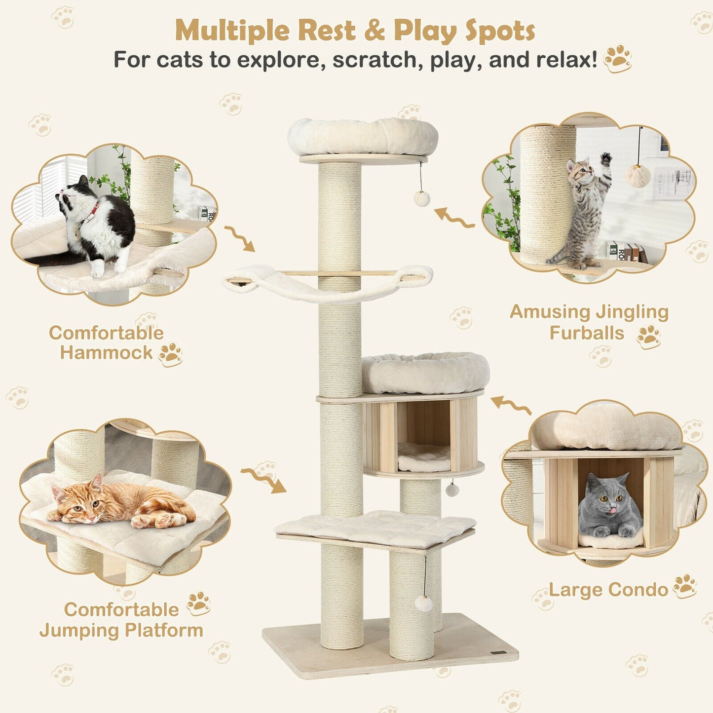 Wooden Cat Tree Condo Activity Tower - 4-Layer 68.5-Inch