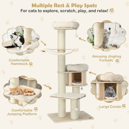 Wooden Cat Tree Condo Activity Tower - 4-Layer 68.5-Inch