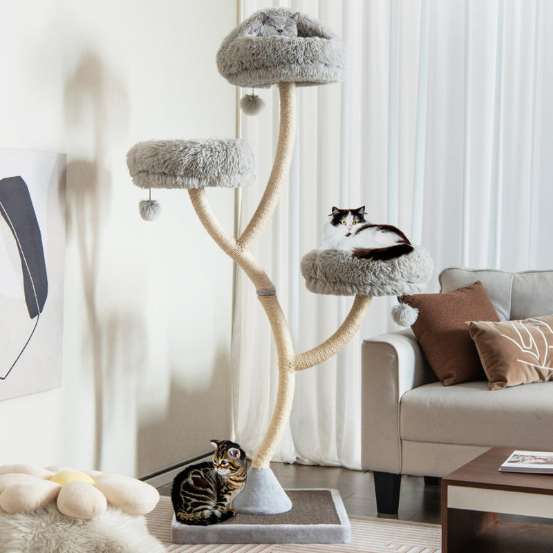 Tall Metal Cat Tower with Three Plush Perches - 70"