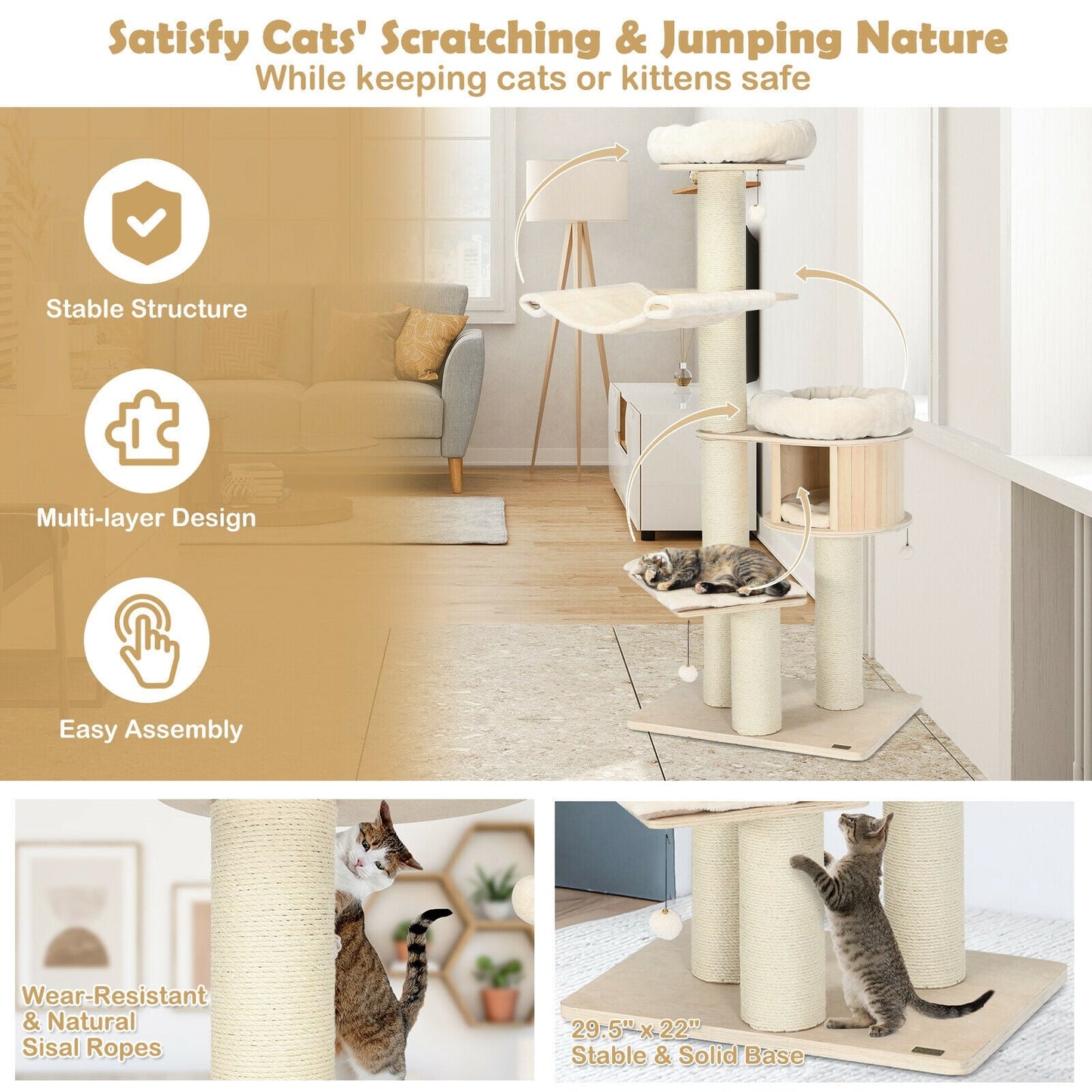 Wooden Cat Tree Condo Activity Tower - 4-Layer 68.5-Inch