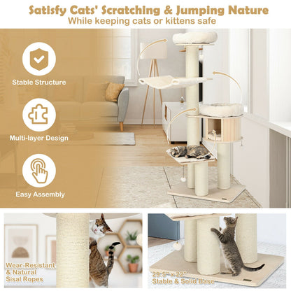 Wooden Cat Tree Condo Activity Tower - 4-Layer 68.5-Inch