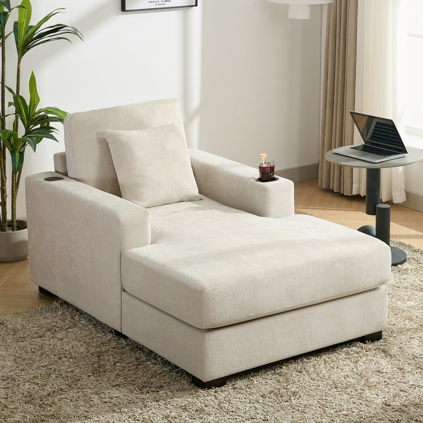 Oversized Chaise Lounge with Pillows, Charge Station & Cup Holders