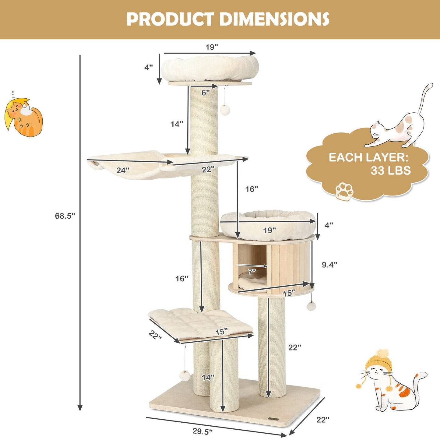 Wooden Cat Tree Condo Activity Tower - 4-Layer 68.5-Inch