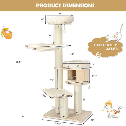Wooden Cat Tree Condo Activity Tower - 4-Layer 68.5-Inch