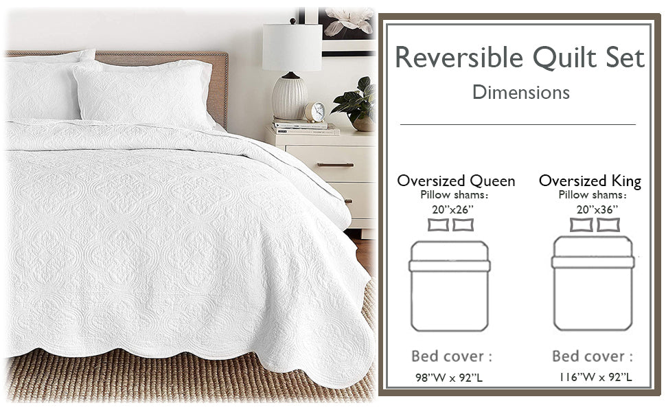 Serenity White Victorian Scalloped Reversible Quilt Bedding Set
