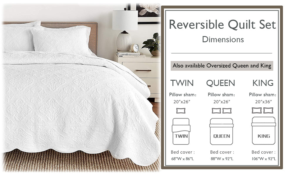 Serenity White Victorian Scalloped Reversible Quilt Bedding Set