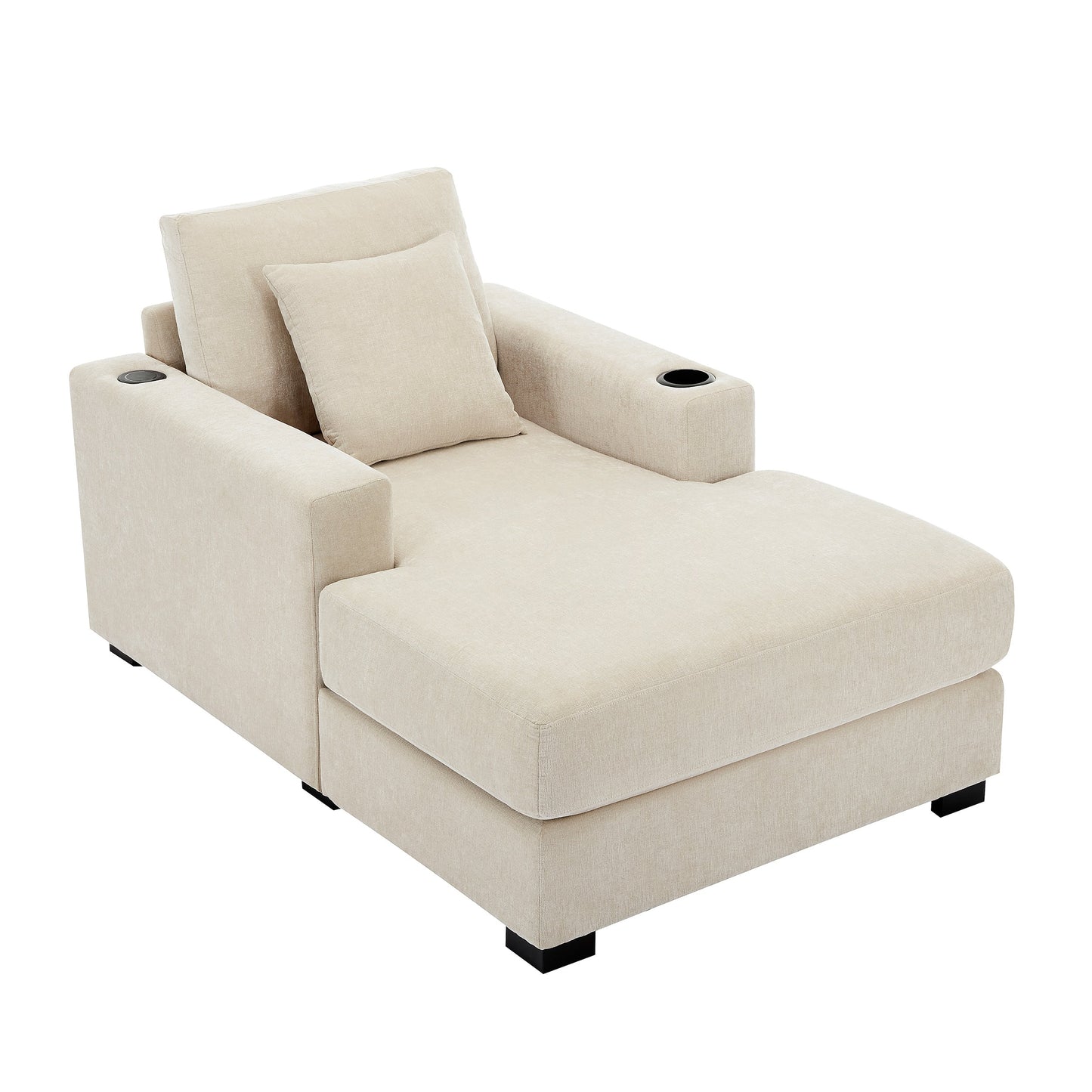 Oversized Chaise Lounge with Pillows, Charge Station & Cup Holders