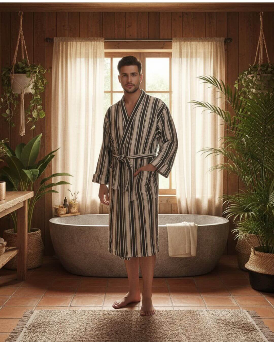 Cotton Linen Blend Kimono Unisex Bathrobe
