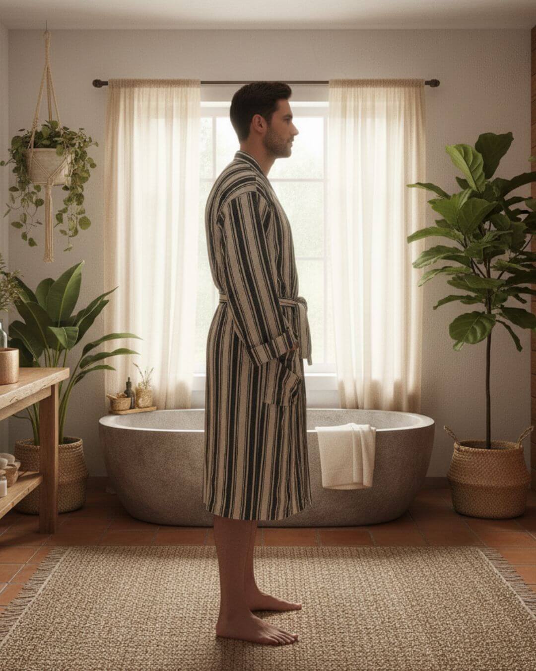 Cotton Linen Blend Kimono Unisex Bathrobe