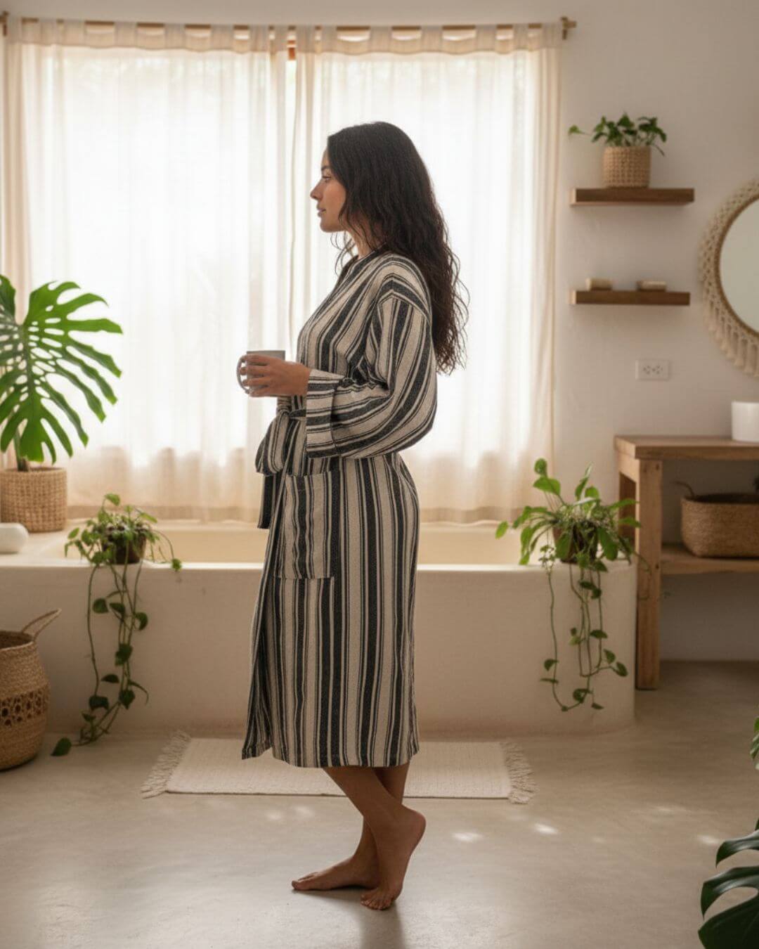 Cotton Linen Blend Kimono Unisex Bathrobe