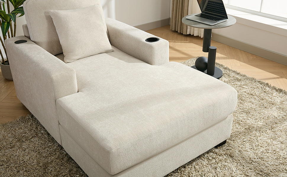 Oversized Chaise Lounge with Pillows, Charge Station & Cup Holders