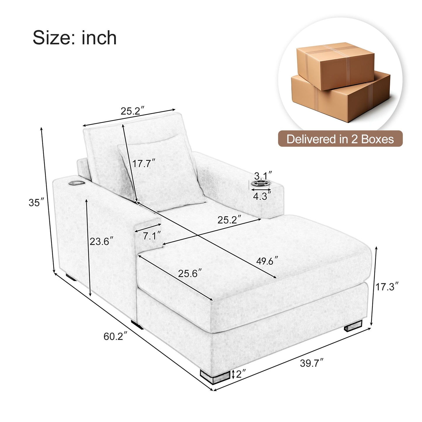 Oversized Chaise Lounge with Pillows, Charge Station & Cup Holders