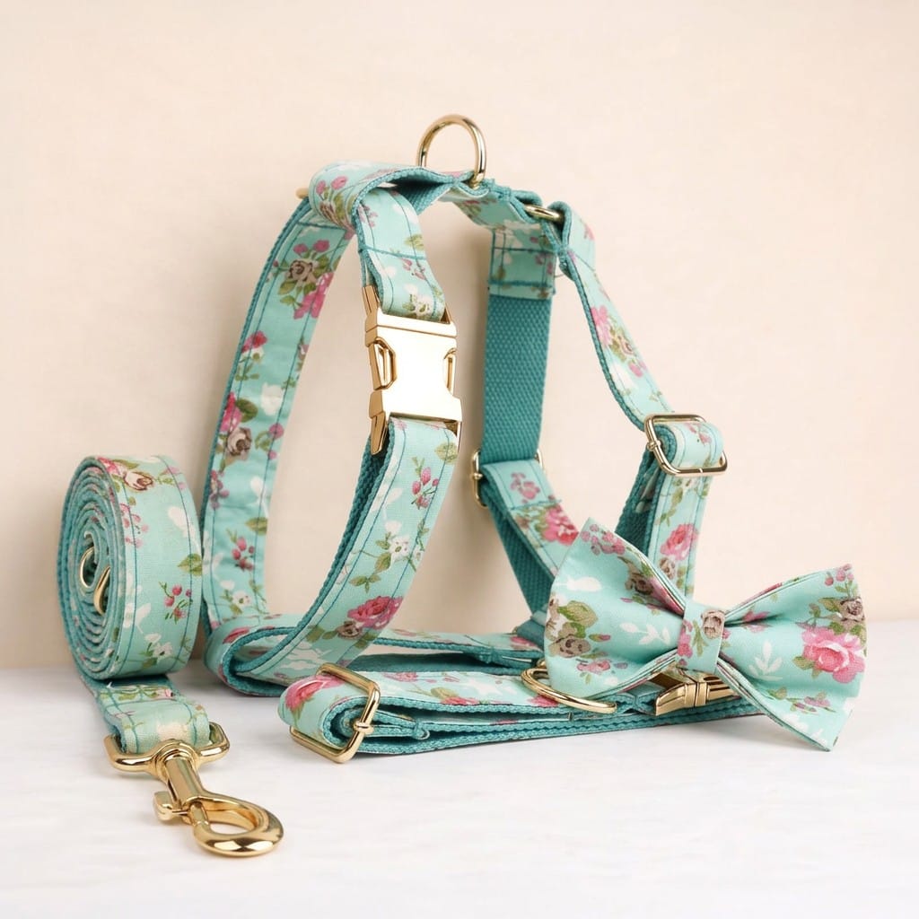 Blue Blossom Floral Dog Harness Set