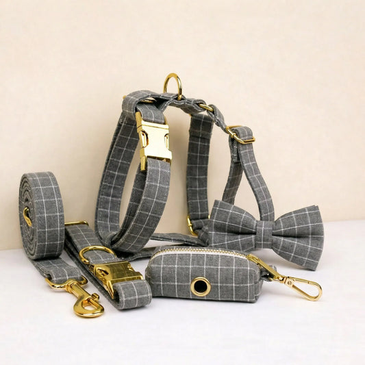 Gray Plaid Dog Harness Set