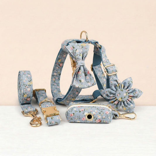 Dusty Blue Floral Dog Harness Set