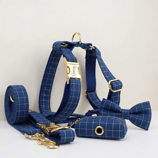 Plaid Dark Blue Dog Harness Set