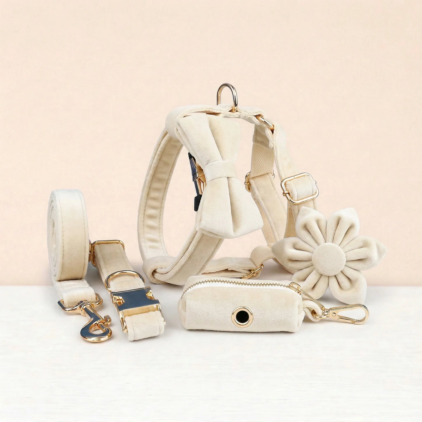 Milky White Velvet Dog Harness Set