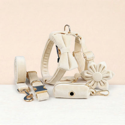 Milky White Velvet Dog Harness Set