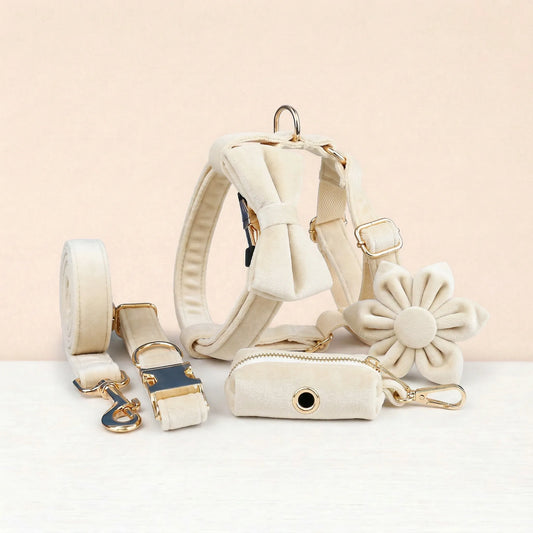 Milky White Velvet Dog Harness Set