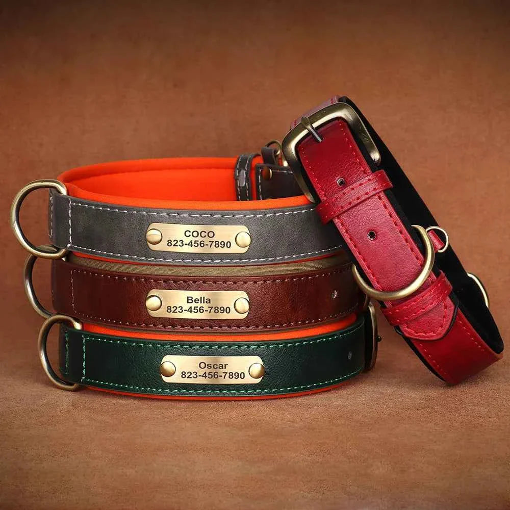 Personalized Leather Dog Collar with Custom Engraved ID Tag
