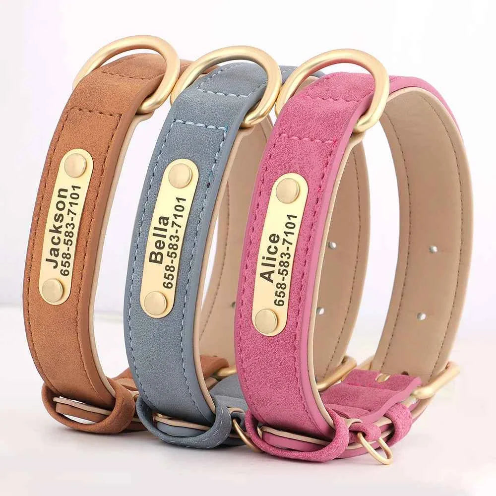 Personalized Leather Dog Collar with Custom Engraved ID Tag