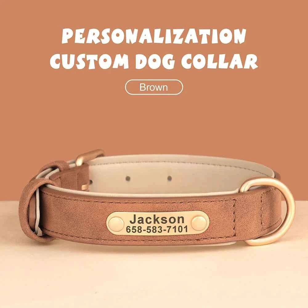 Personalized Leather Dog Collar with Custom Engraved ID Tag