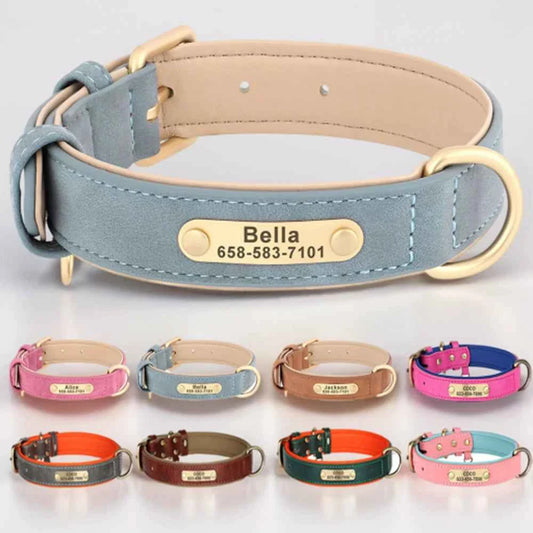 Personalized Leather Dog Collar with Custom Engraved ID Tag
