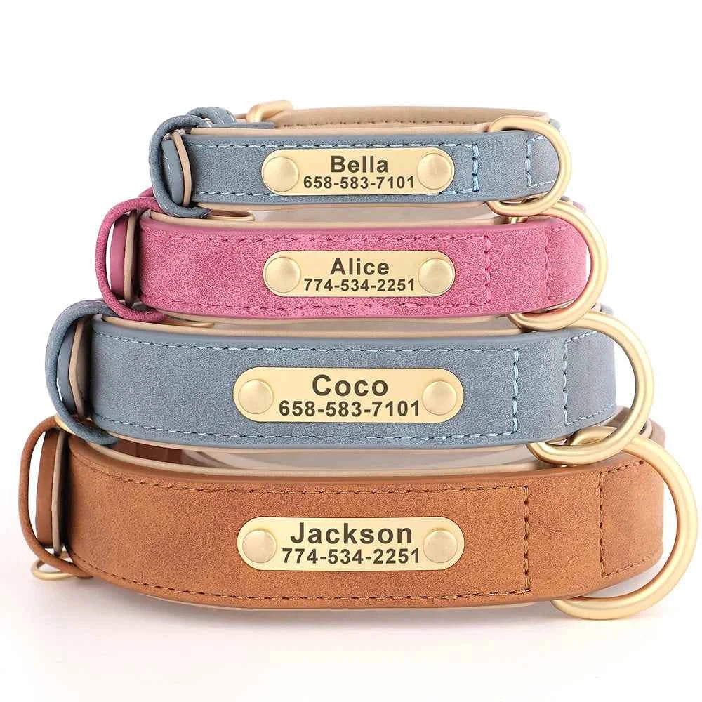 Personalized Leather Dog Collar with Custom Engraved ID Tag