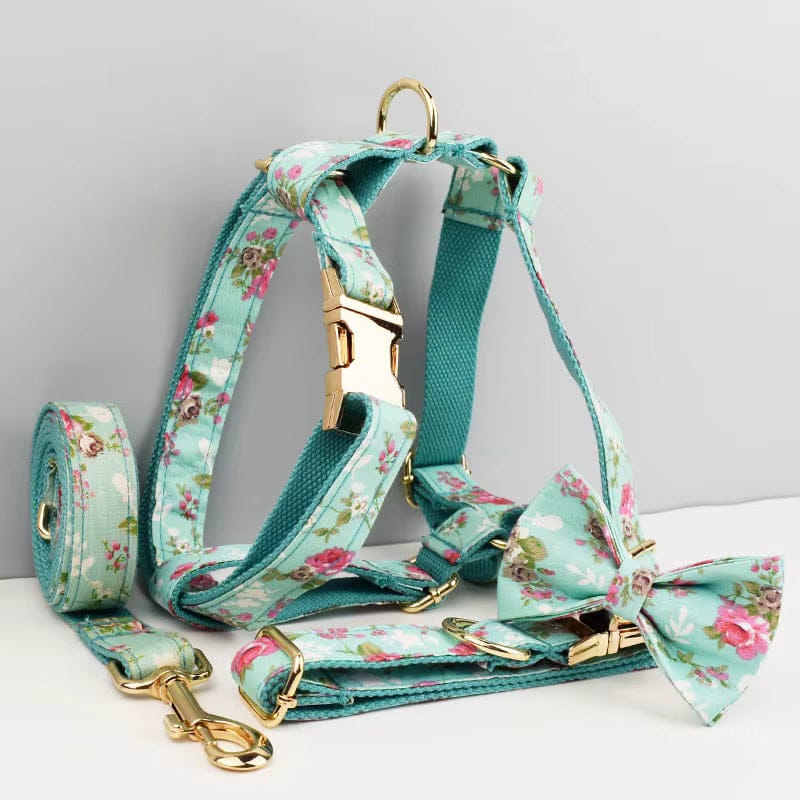 Blue Blossom Floral Dog Harness Set