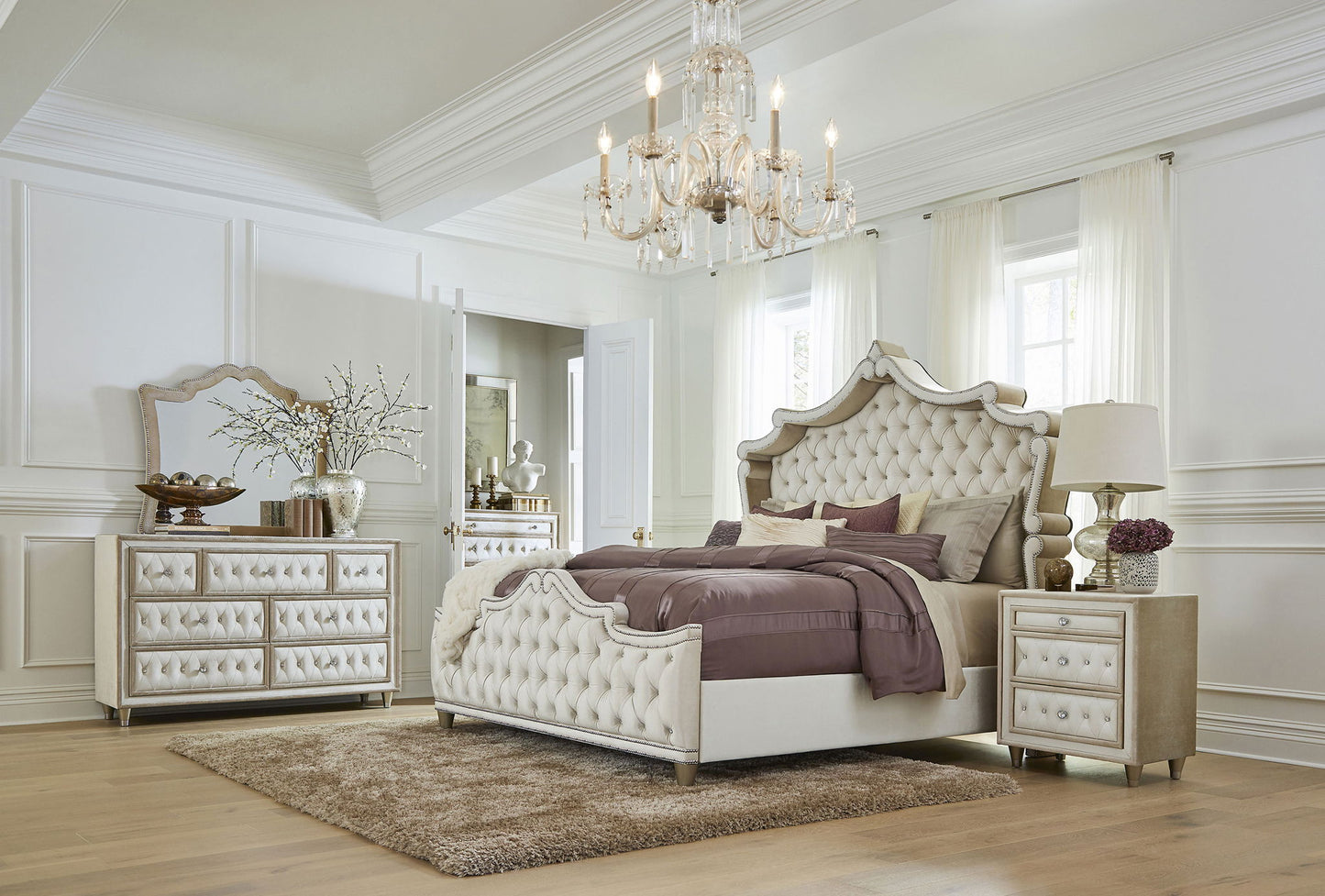 Upholstered Queen Panel Bed Ivory and Camel