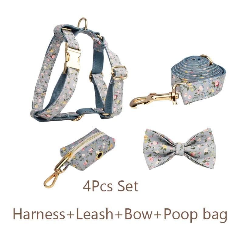 Dusty Blue Floral Dog Harness Set